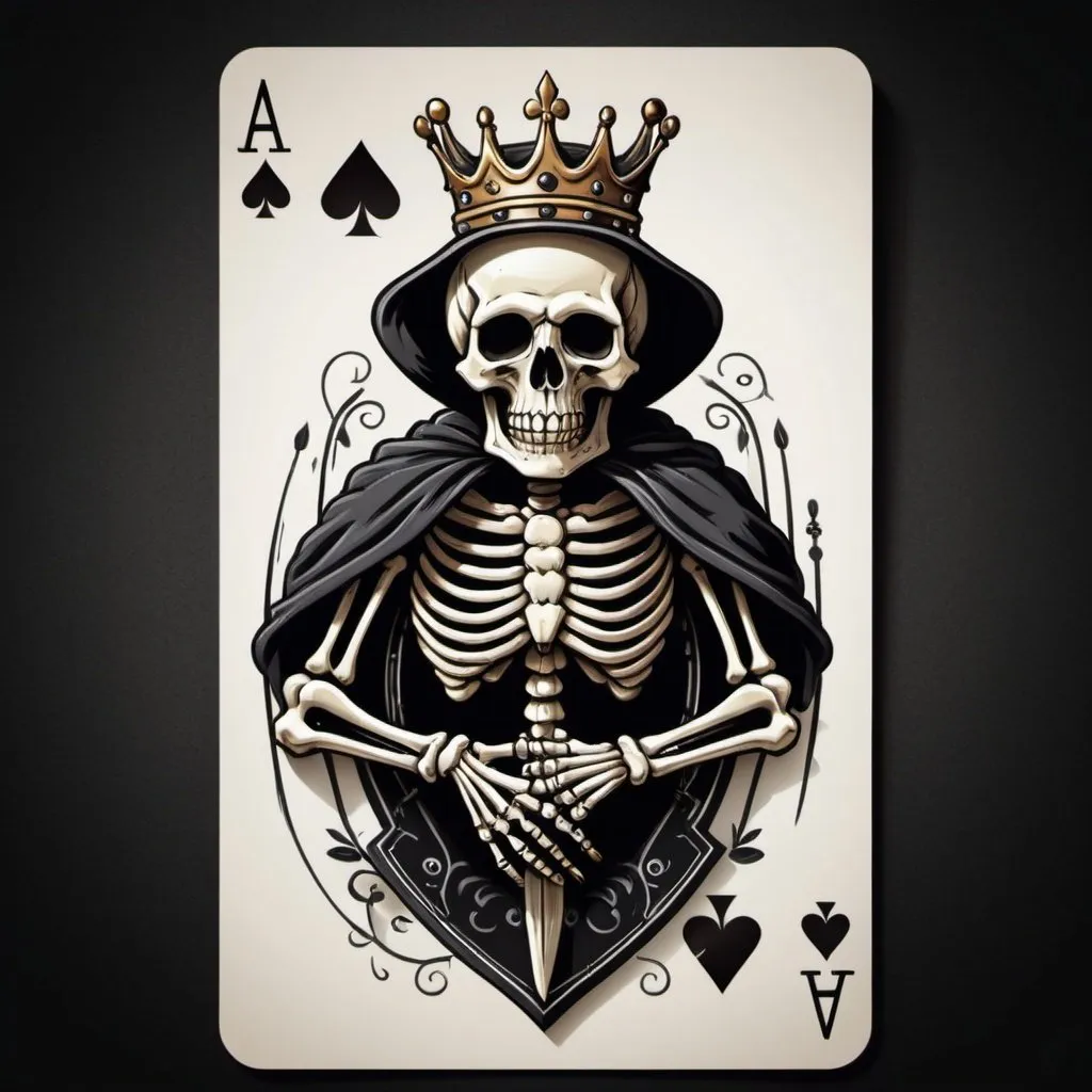Prompt: Ace of spades playing card background with a simple skeleton kneeling wearing a crown holding a pitchfork in his right hand and in his left hand he is holding playing card