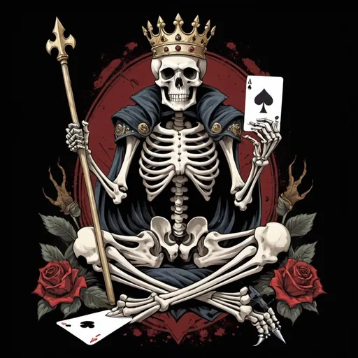 Prompt: Ace of spades background with a skeleton kneeling wearing a crown, holding a trident pitchfork in his right hand and an ace of spades playing card in his left hand, piercing the top of a skull at his feet with the trident