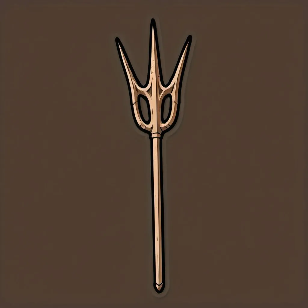 Prompt: die-cut sticker, Long wooden pitchfork Trident, vector t-shirt art, light brown background, single line drawing