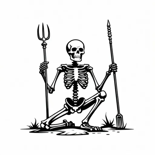Prompt: minimal B&W icon,a Kneeling Skeleton holding a long pitchfork trident;black and white, ink drawing,, svg, flat minimal line vector design, white background