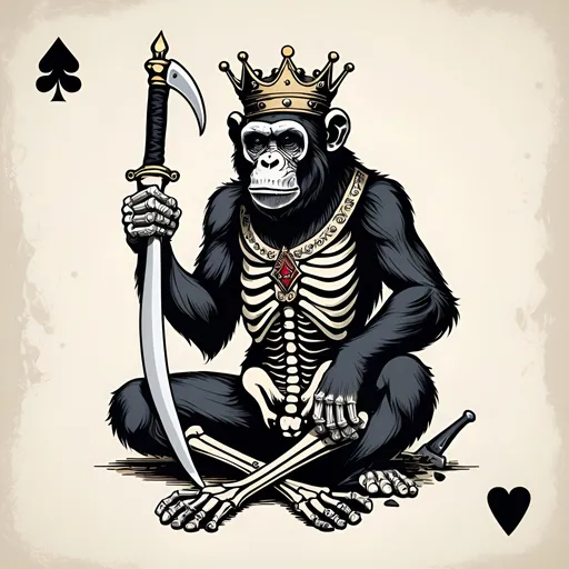Prompt: Ace of spades playing card background with a simple skeleton chimpanzee kneeling wearing a crown holding a long trident in his right hand and holding a knife in his left hand that is piercing balls