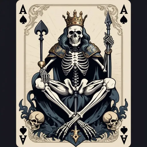 Prompt: Ace of spades background with a skeleton kneeling wearing a crown, holding poseidon’s trident in his right hand and an ace of spades playing card in his left hand, piercing the top of a skull at his feet with the trident