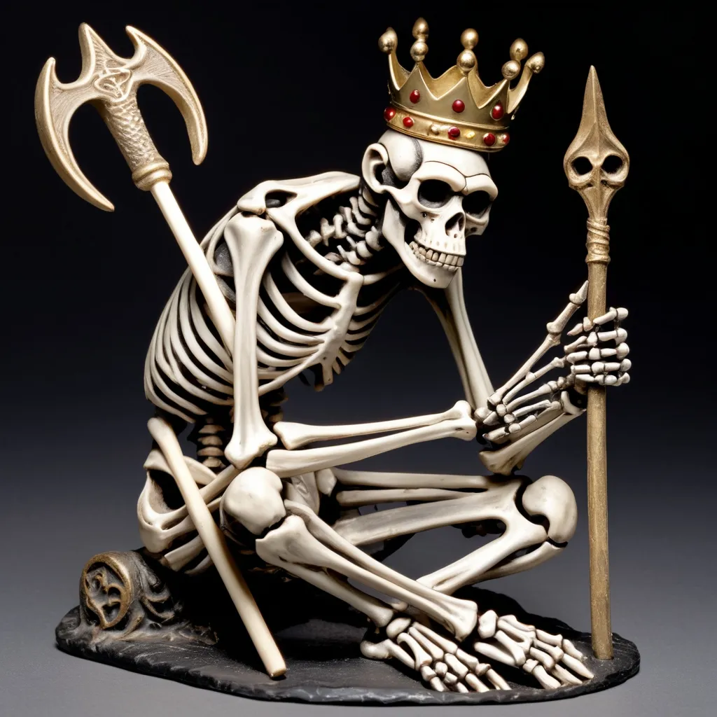 Prompt: skeleton with chimpanzee head on one knee wearing a crown holding a long pitchfork trident in his right hand.