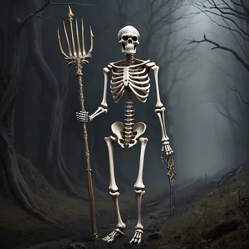 Prompt: Skeleton holding a long pitchfork trident
