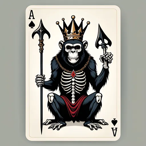 Prompt: Ace of spades playing card background with a simple evil skeleton chimpanzee on one knee wearing a crown holding a long trident that extends to the ground in his right hand. The trident should have 3 long prongs 