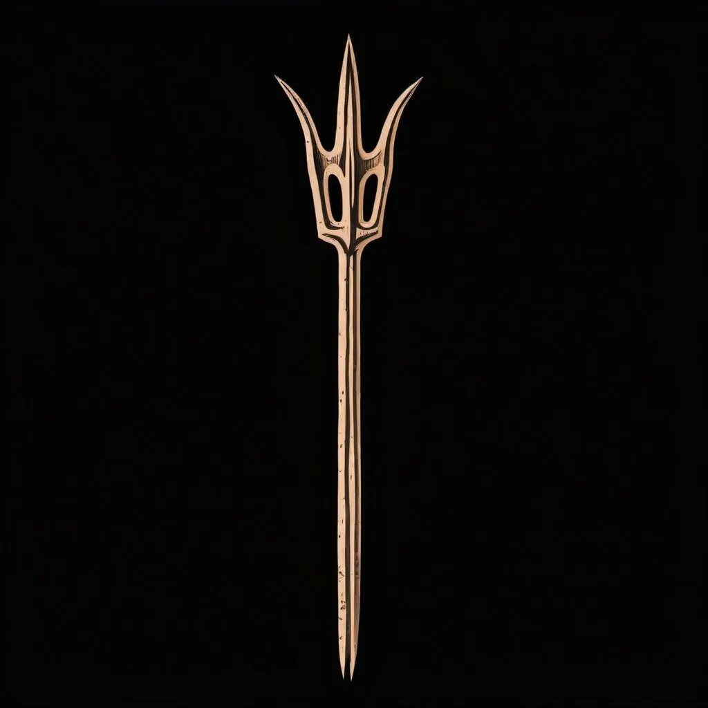 Prompt: die-cut sticker, Long wooden pitchfork Trident, vector t-shirt art, light brown background, single line drawing