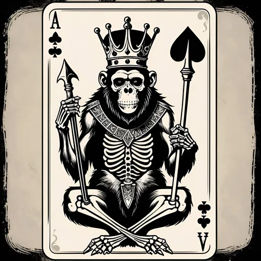 Prompt: Ace of spades playing card background with a simple skeleton chimpanzee on one knee wearing a crown and holding a long trident in his right hand. The trident is buried in a skull at his feet