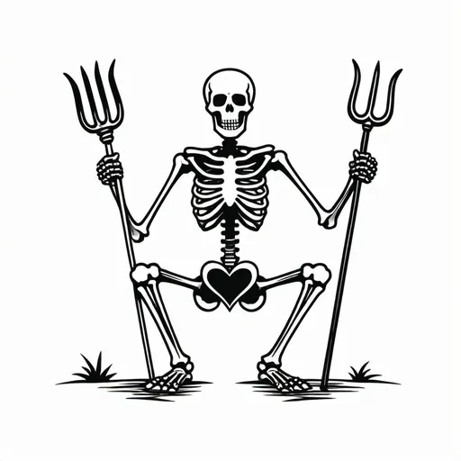 Prompt: minimal B&W icon,a Kneeling Skeleton holding a long pitchfork trident in right hand; left hand holding a heart;black and white, ink drawing,, svg, flat minimal line vector design, white background