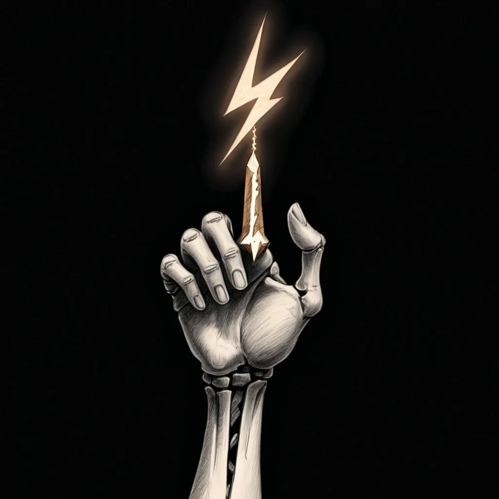 Prompt: Skeleton hand holding a lightning bolt; pencil drawing