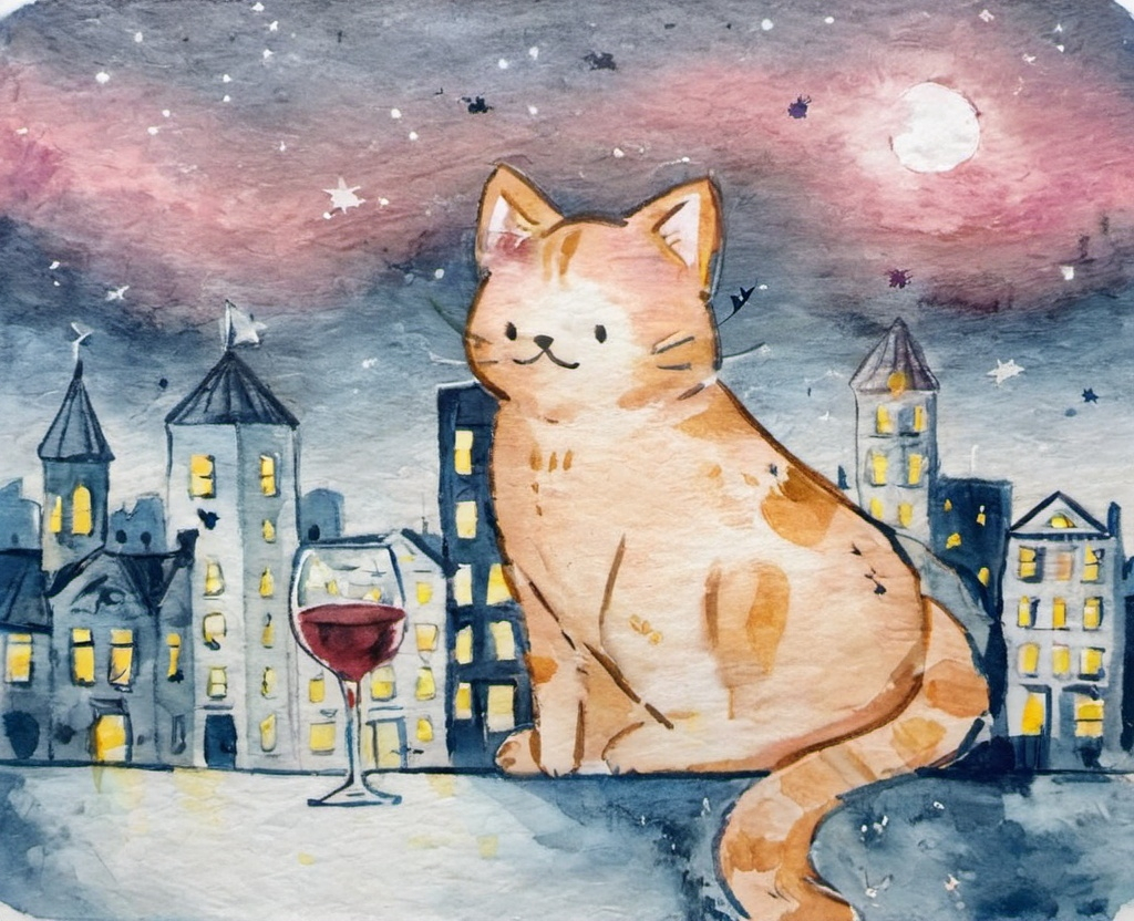 Prompt: : a full orange cat with a night city background (parishan) put red wine on the side
- dark blue sky with stars
- make it look like a sketch and messy light watercolor
- make it obvious that it is only a drawing
