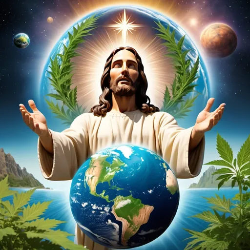 Prompt: Jesus Christ overseeing the cosmos with wide arms and the earth at center and a close up of CBD plants on the earth on an island with water surrounding.