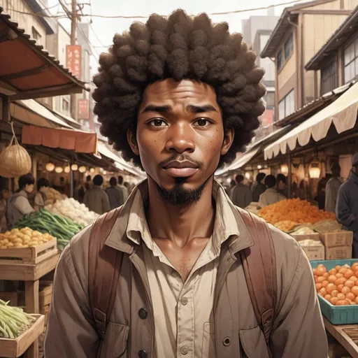 Prompt: Anime-style illustration of a hardworking, Afro-featured man in his humble environment, warm natural tones, detailed facial features, traditional art style, rugged clothing, focused expression, bustling market background, uplifting and hopeful atmosphere, medium quality, hand-drawn, detailed features, humble setting, traditional, warm tones, hardworking, detailed facial features, uplifting, bustling market, anime