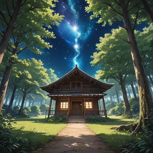 Prompt: Viral anime nature wallpaper in 4K quality, in the style of digital illustration inspired by Hayao Miyazaki, featuring a serene forest with towering ancient trees, leaves falling, dappled sunlight filtering through the leaves, a hut in middle of the scene, and mystical creatures peeking from behind the foliage; vibrant and warm color temperature, cosmos lighting with stars twinkling in the sky, no human characters, the atmosphere is tranquil and enchanting