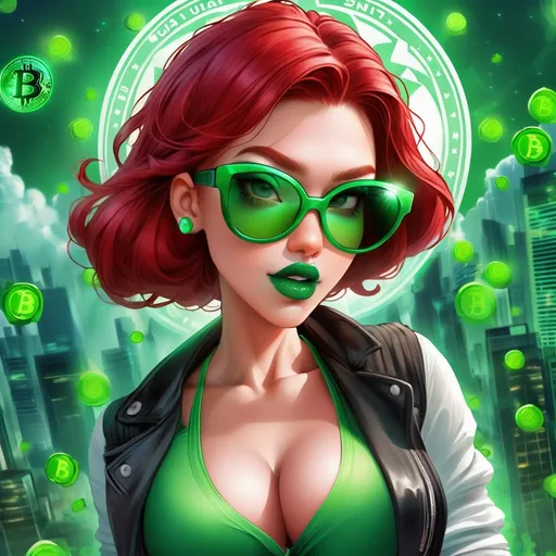 Prompt: Jessica alba inspired  Bitcoin logo on green sunglasses being worn by a little cleavage cartoon upper body universe background crazy redhair green lipstick 