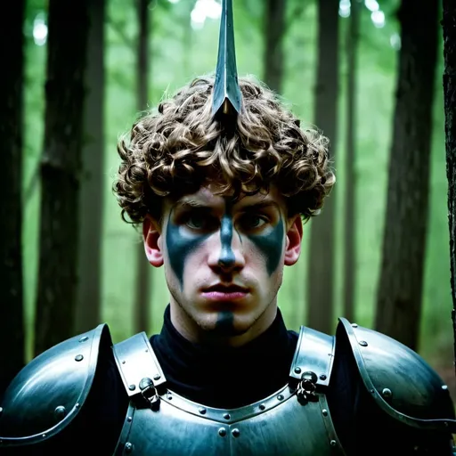 Prompt: A dark fantasy with wearing a suit of armour while in the woods full body image