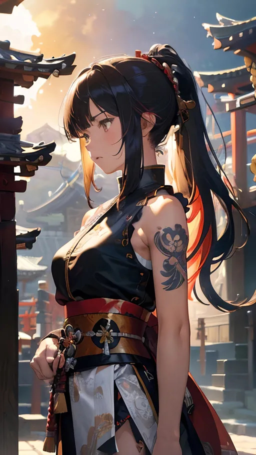 Prompt: (masterpiece, best quality, highres:1.2) , (intricate and beautiful:1.2) , (detailed light:1.2) , (colorful) , 1woman, long hair, ponytail, bangs, cowboy body shot, (sleeveless samurai outfit,bare shoulders:1.2) , (temple background:1.2) , (official art) , (cinematic) , tattoo