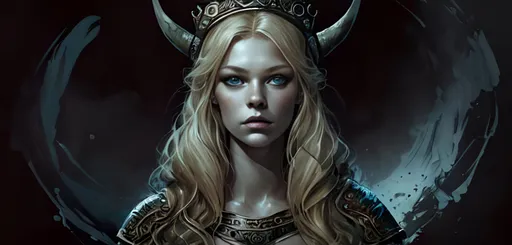 Prompt: viking queen, young woman, human, singer, fantasy, 3q studio, beautiful, subtle, sad, blonde hair, blue eyes, HD wallpaper