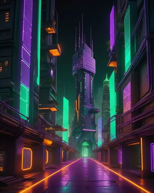 Prompt: A futuristic digital cityscape at night, three glowing pathways in purple, amber, and green colors leading to a central illuminated tower, blockchain nodes and circuits visible in the environment, cyberpunk atmosphere with neon lighting, professional gaming aesthetic, no text, cinematic quality