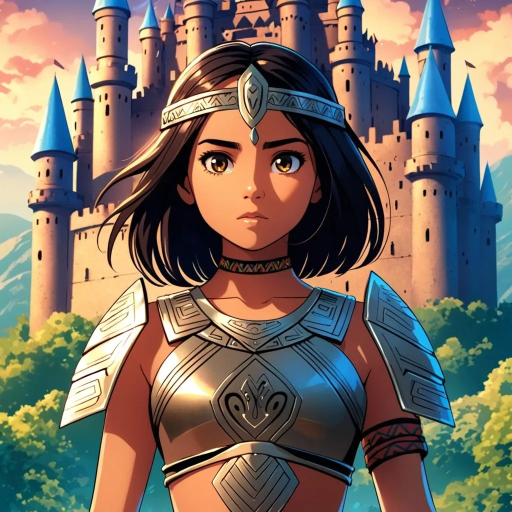 Prompt: Naomi Scott as a tribal warrior princess hold magical sword. She is wearing a tribal cueitl armour castle setting . Movie poster. Art by Ilya Kuvshinov 