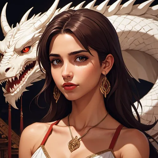 Prompt: golden skin tone, temple background, beautiful woman, hot,Naomi Scott, wild brown hair,brown eyes, dark red lips, goddess, tribal goddess, revealing white tribal cueitl, with white pet dragon on shoulder, mystic, detailed facial features, dark lighting, 90s anime, 80s anime, anime screencap, cartoon, 2d art, romance novel cover, anime art style, castlevania anime, beserk anime art by Ilya Kuvshinov 