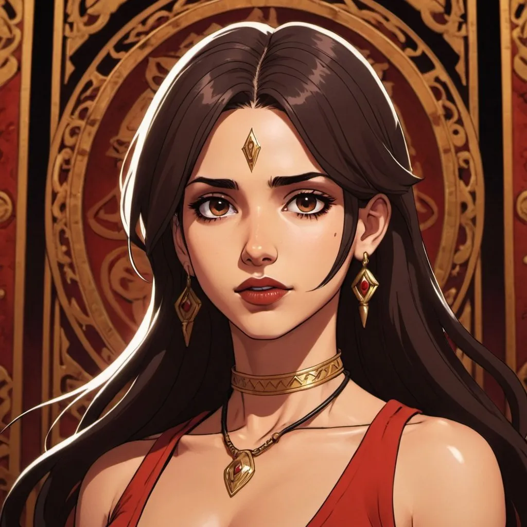 Prompt: golden skin tone, temple background, beautiful woman, hot,Naomi Scott, wild brown hair,brown eyes, dark red lips, goddess, tribal goddess, revealing white tribal cueitl, mystic, detailed facial features, dark lighting, 90s anime, 80s anime, anime screencap, cartoon, 2d art, romance novel cover, anime art style, castlevania anime, beserk anime art by Ilya Kuvshinov 