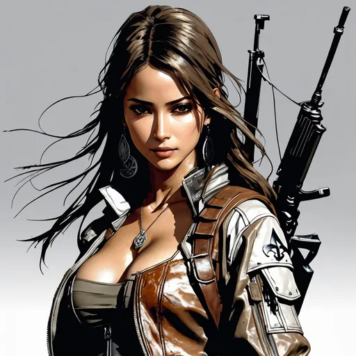 Prompt: (((Yoji Shinkawa))), sticker of ultra detailed portrait of Naomi Scott in brown leather assasin creed outfit, brown hair, high quality cell shaded illustration in post apocalyptic style by Yoji Shinkawa, ((full body)), dynamic pose, perfect anatomy, centered, freedom, soul, brown long hair, approach to perfection, cell shading, 4k , cinematic dramatic atmosphere, watercolor painting, global illumination, detailed and intricate environment, artstation, concept art, fluid and sharp focus, volumetric lighting, cinematic lighting, Art by Yoji Shinkawa,