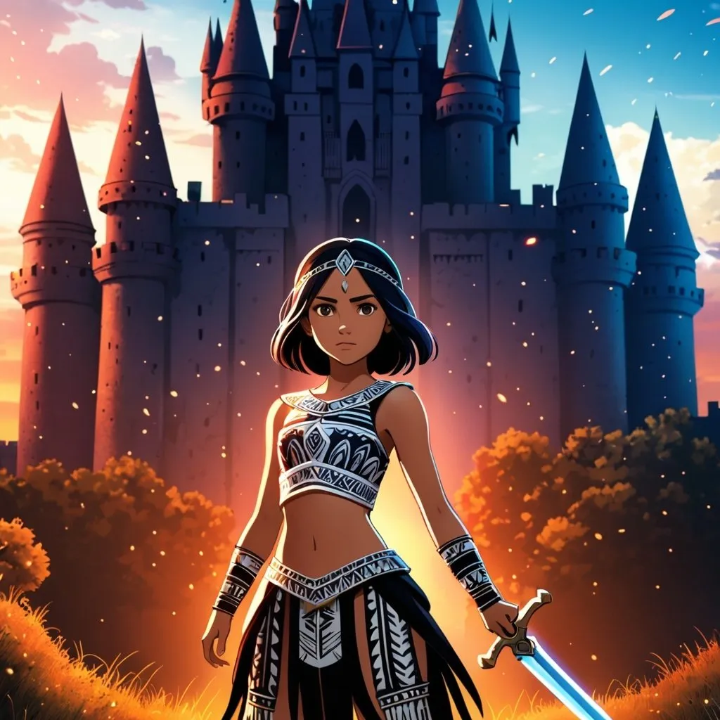 Prompt: Naomi Scott as a tribal warrior princess hold magical sword. She is wearing a tribal cueitl armour castle setting . Movie poster. Art by Ilya Kuvshinov 