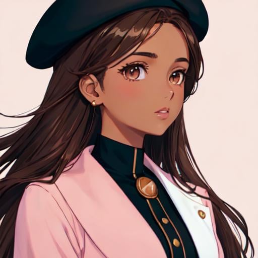 Prompt: Portrait of Naomi Scott, a tanned girl with brown eyes and long brown hair, wearing a two-toned shirt with a black beret, looking at the viewver, pink background