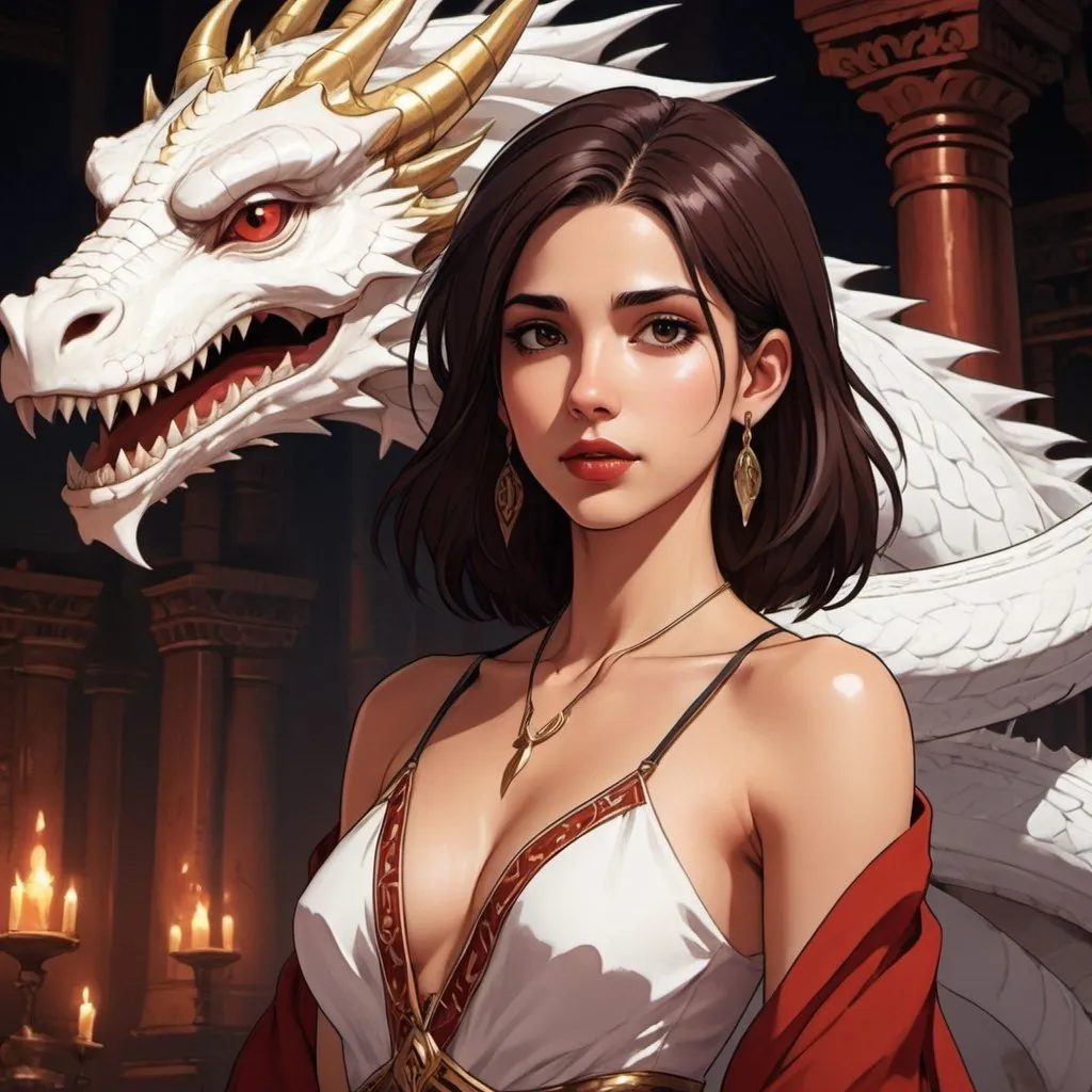 Prompt: golden skin tone, temple background, beautiful woman, hot,Naomi Scott, wild brown hair,brown eyes, dark red lips, goddess, tribal goddess, revealing white tribal cueitl, with white pet dragon on shoulder, mystic, detailed facial features, dark lighting, 90s anime, 80s anime, anime screencap, cartoon, 2d art, romance novel cover, anime art style, castlevania anime, beserk anime art by Ilya Kuvshinov 