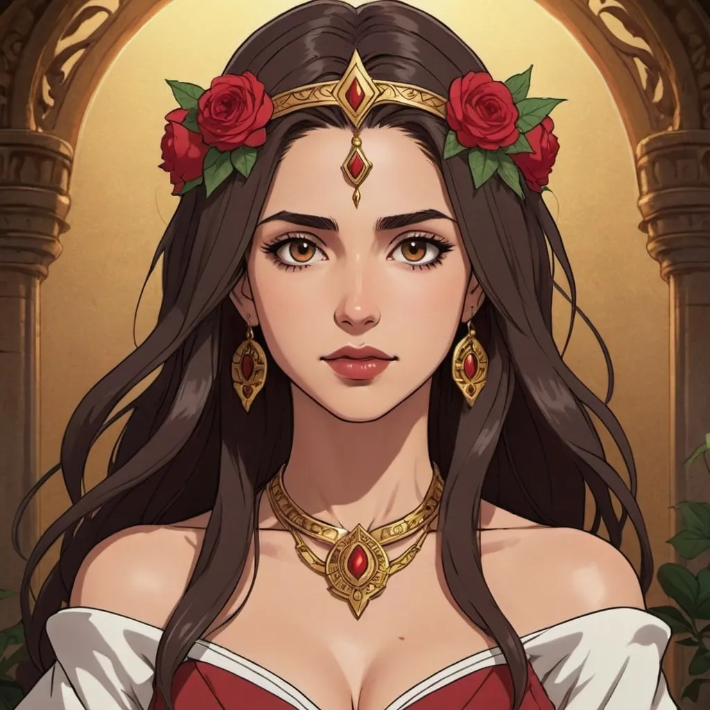 Prompt: golden skin tone, temple background, beautiful woman, hot,Naomi Scott, wild brown hair,brown eyes, dark red lips, goddess, tribal goddess, revealing robes, mystic, flowers, vines, flower crown, detailed facial features, dark lighting, 90s anime, 80s anime, anime screencap, cartoon, 2d art, romance novel cover, anime art style, castlevania anime, beserk anime