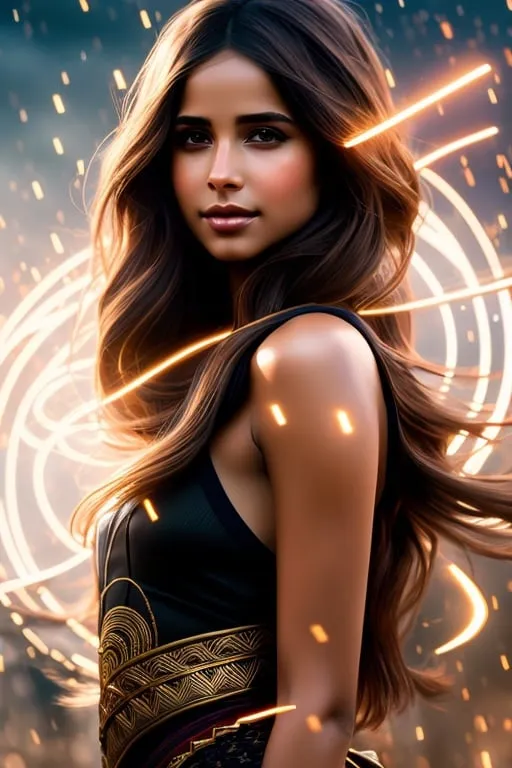 Prompt: portrait of Brown Hair Beautiful naomi scott with Air Magic, parted bangs, Elegant, Romantic, as a tribal warrior, HDR, full body, High Definition, cinematic,  dynamic light, hyperrealism, definition, glowing eyes, facial symmetry  by Ilya Kuvshinov