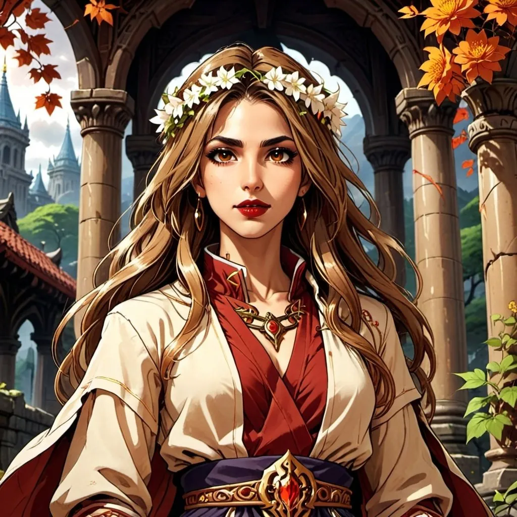 Prompt: golden skin tone, temple background, beautiful woman, hot,Naomi Scott, wild brown hair,brown eyes, dark red lips, goddess, tribal goddess, revealing robes, mystic, flowers, vines, flower crown, detailed facial features, dark lighting, 90s anime, 80s anime, anime screencap, cartoon, 2d art, romance novel cover, anime art style, castlevania anime, beserk anime