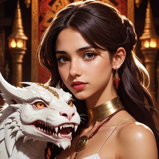 Prompt: golden skin tone, temple background, beautiful woman, hot,Naomi Scott, wild brown hair,brown eyes, dark red lips, goddess, tribal goddess, revealing white tribal cueitl, with small fluffy white pet dragon on shoulder, mystic, detailed facial features, dark lighting, 90s anime, 80s anime, anime screencap, cartoon, 2d art, romance novel cover, anime art style, castlevania anime, beserk anime art by Ilya Kuvshinov 