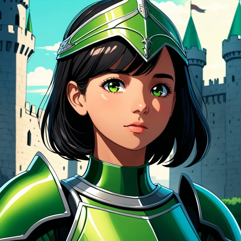 Prompt: Naomi Scott as a Female knight in green armour castle setting . Art by Ilya Kuvshinov 