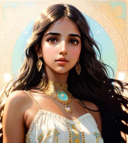 Prompt: Upper body portrait of Cute girl Naomi Scott, brown long hair, tan skin, sundress, intricate, detailed face. by Ilya Kuvshinov and Alphonse Mucha. Dreamy, sparkles