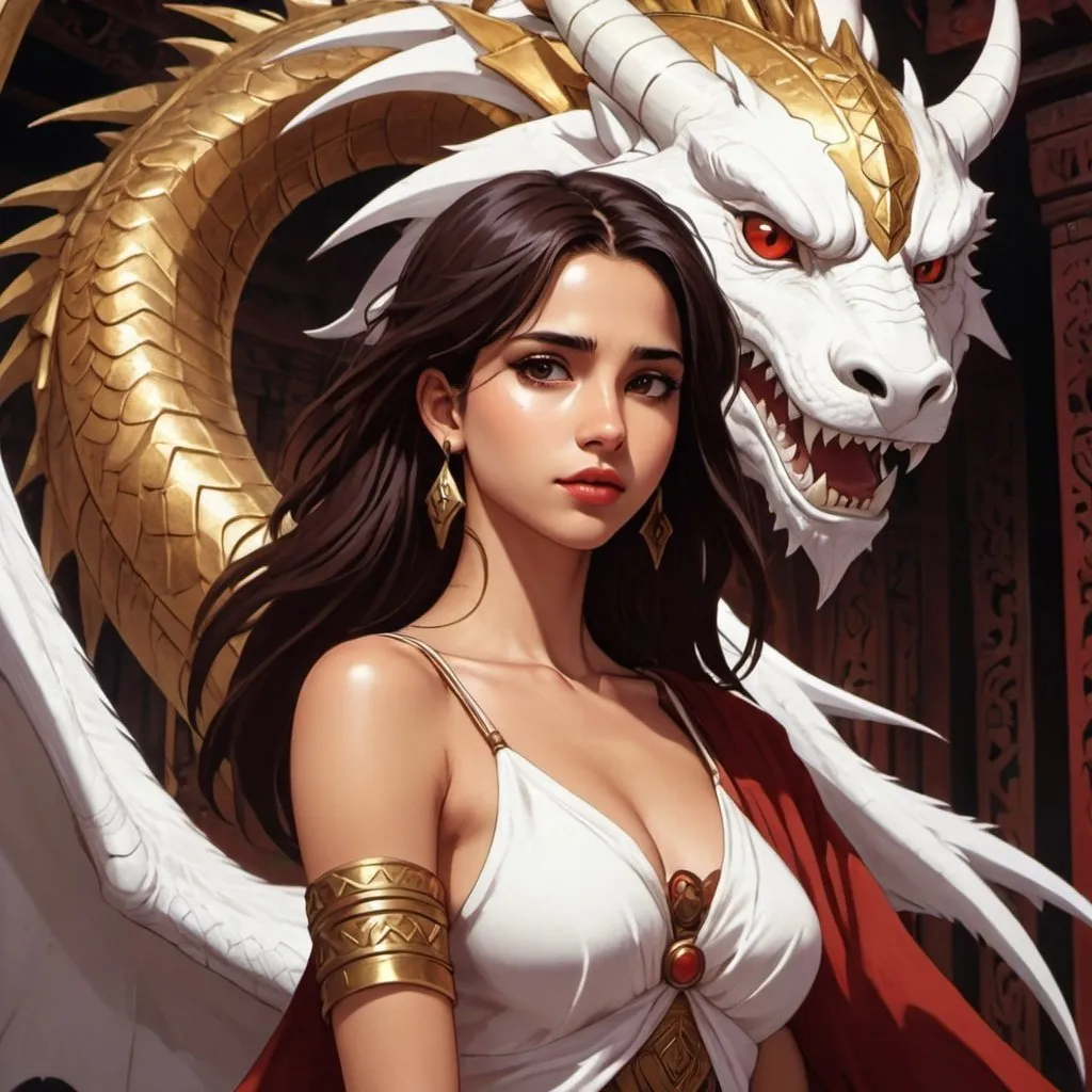 Prompt: golden skin tone, temple background, beautiful woman, hot,Naomi Scott, wild brown hair,brown eyes, dark red lips, goddess, tribal goddess, revealing white tribal cueitl, with small fluffy white pet dragon on shoulder, mystic, detailed facial features, dark lighting, 90s anime, 80s anime, anime screencap, cartoon, 2d art, romance novel cover, anime art style, castlevania anime, beserk anime art by Ilya Kuvshinov 