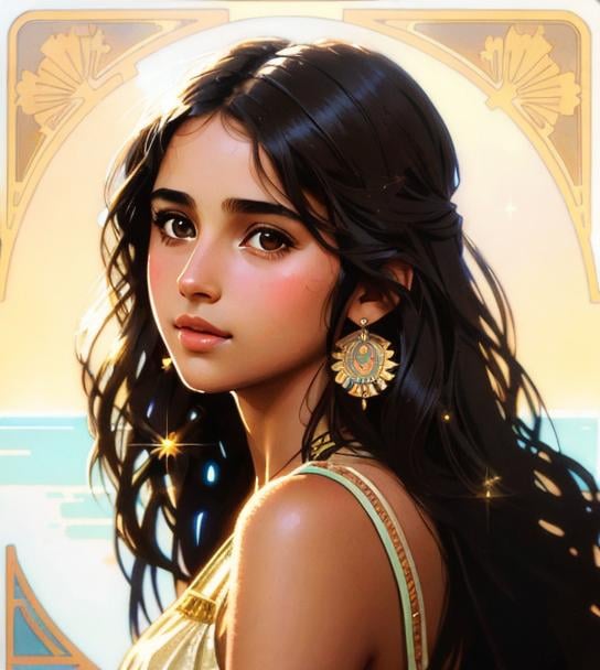 Prompt: Upper body portrait of Cute girl Naomi Scott, brown long hair, tan skin, sundress, intricate, detailed face. by Ilya Kuvshinov and Alphonse Mucha. Dreamy, sparkles