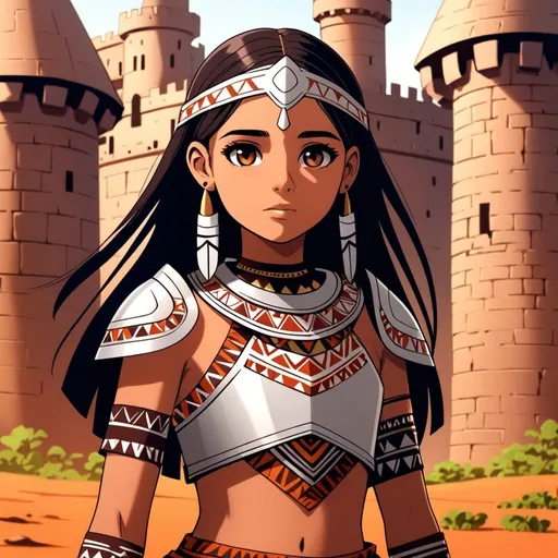 Prompt: Naomi Scott as a tribal warrior princess. She is wearing a tribal cueitl armour castle setting . Art by Ilya Kuvshinov 