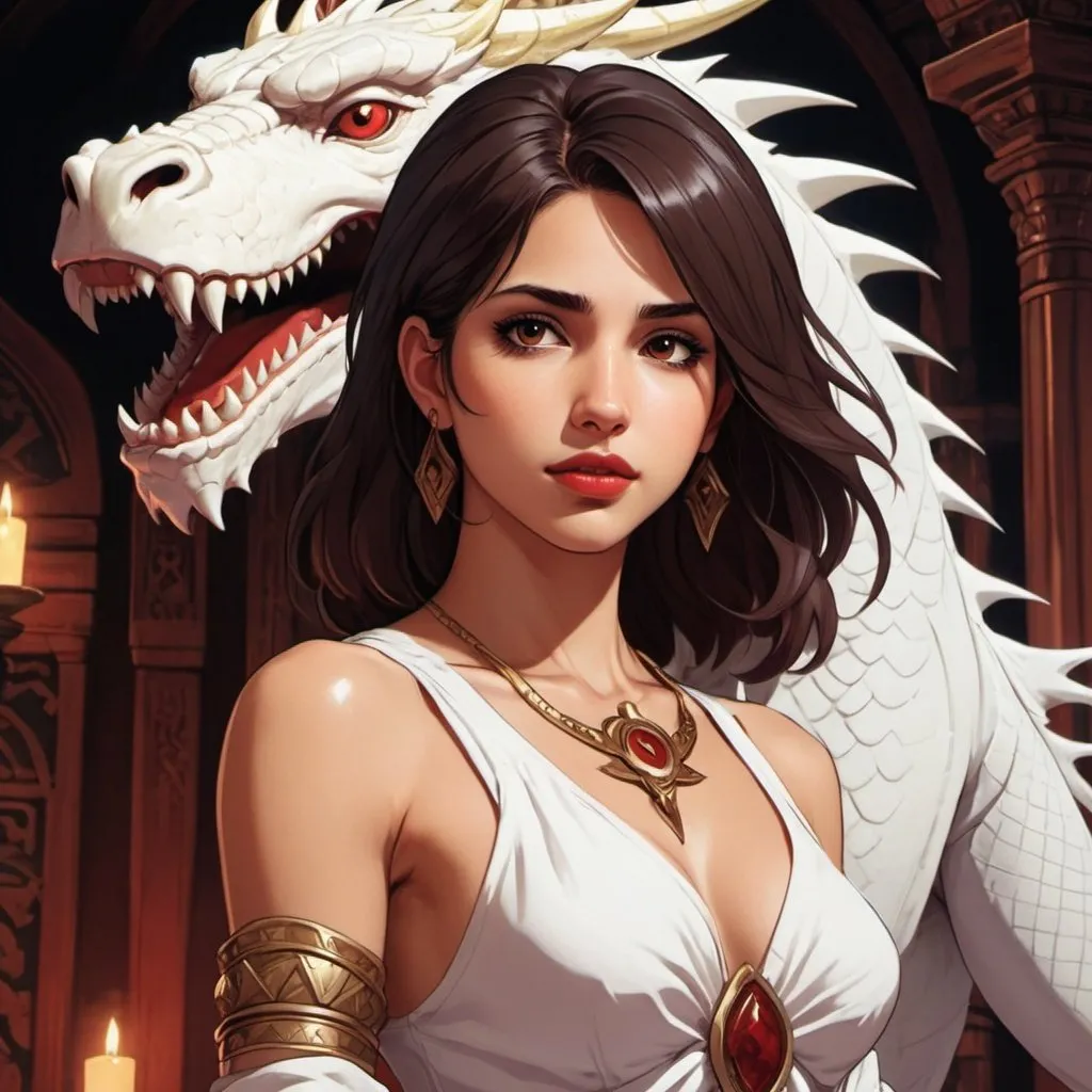 Prompt: golden skin tone, temple background, beautiful woman, hot,Naomi Scott, wild brown hair,brown eyes, dark red lips, goddess, tribal goddess, revealing white tribal cueitl, with white pet dragon on shoulder, mystic, detailed facial features, dark lighting, 90s anime, 80s anime, anime screencap, cartoon, 2d art, romance novel cover, anime art style, castlevania anime, beserk anime art by Ilya Kuvshinov 