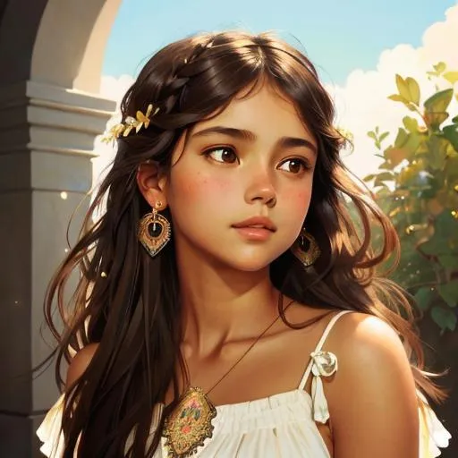 Prompt: Upper body portrait of Cute girl Olivia Rodrigo, brown long hair, tan skin, sundress, intricate, detailed face. by Ilya Kuvshinov and Alphonse Mucha. Dreamy, sparkles