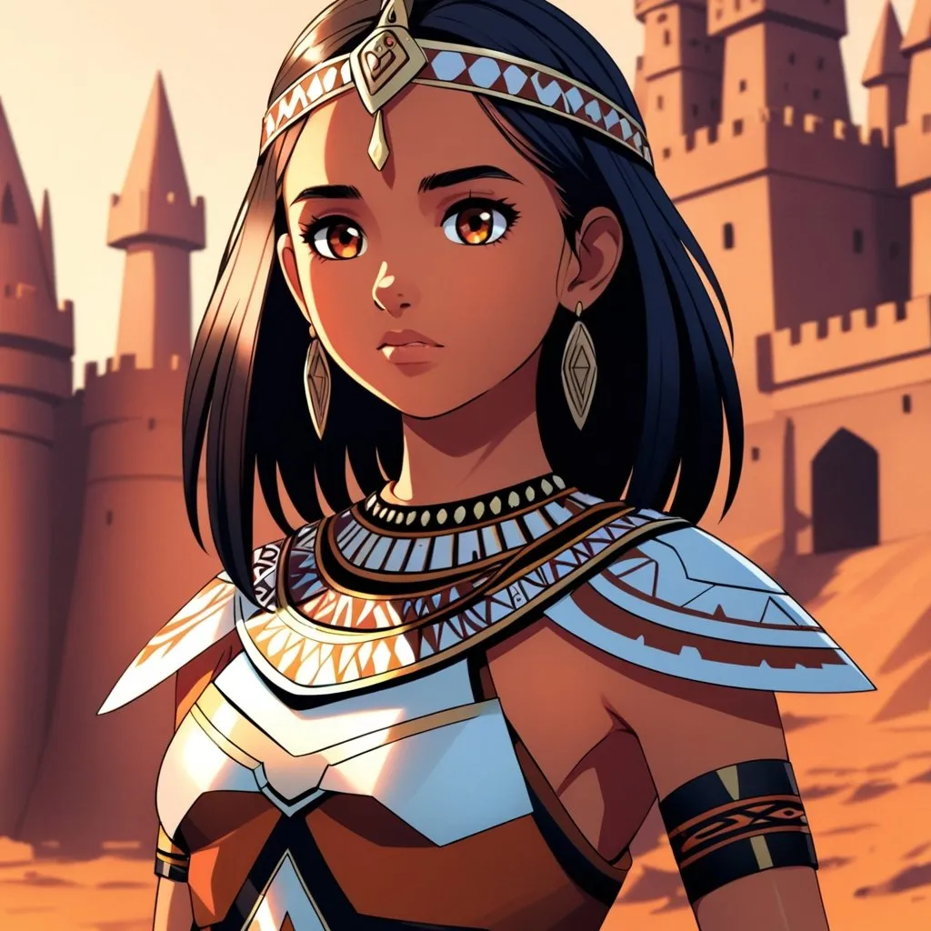 Prompt: Naomi Scott as a tribal warrior princess. She is wearing a tribal cueitl armour castle setting . Art by Ilya Kuvshinov 