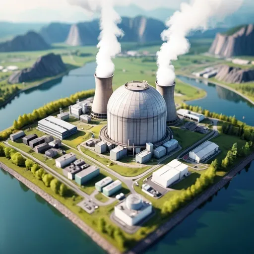 Prompt: aerial view, tilt-shift, isometric miniature world, detailed landscape world render with nuclear reactor, cooling tower, and mountains with lakes