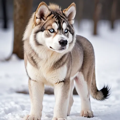 Prompt: Lion and husky mixed breed