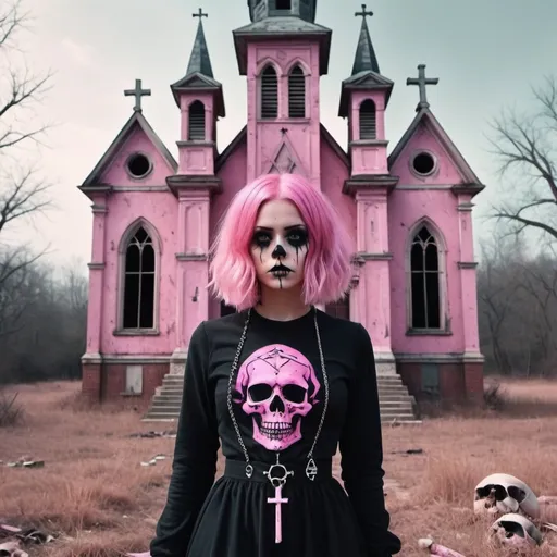 Prompt: Do a creepy Phone wallpaper with a creepy style with a aesthetic dark style, with a full body girl with pink hair and witch clothes, skulls and inverted crosses at the background, add a background of a old abandoned church. Use pink colors and try with creepy old movie style. Use the aspect of a VHS horror movie of the 70s