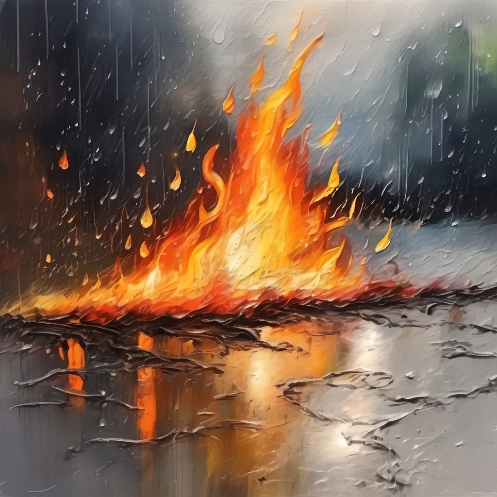 Prompt: oil paint a fire on the ground and rainning very bold rain drops on light color background ,Visible strokes,rough edges,muted colors.Warm lighting , peaceful environment 