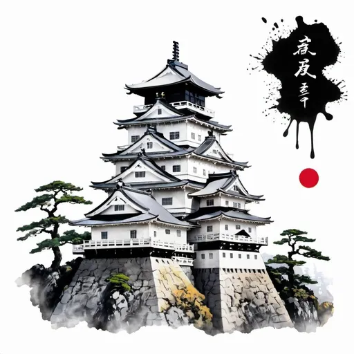 Prompt: japan castle, ink printing, white background