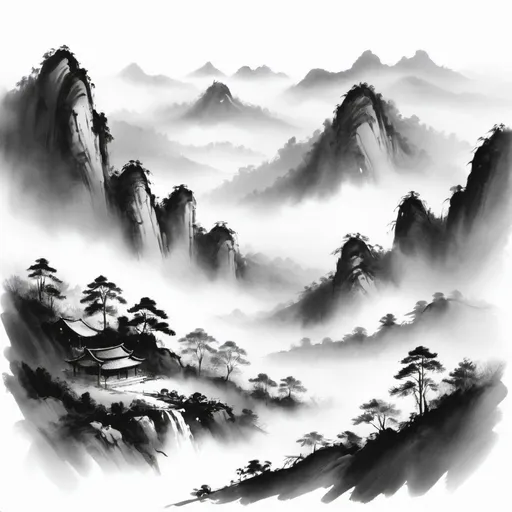 Prompt: morning mist among mountain, draw by ink painting, black and white