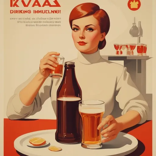 Prompt: make a minimalistic poster in the style of Soviet posters advertising drinking kvass1960s retro futurism