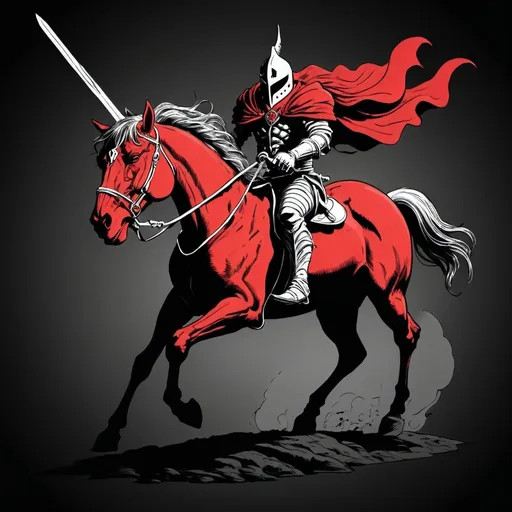 Prompt: Black and white line art sinister demonic warrior riding a red horse; the rider carries a sword as he rides into battle to wage war against earth  in the style of a comic.