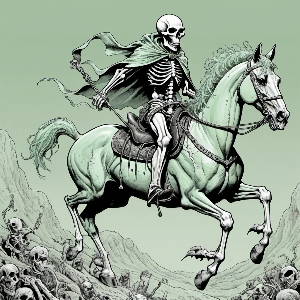 Prompt: line art sinister skeletal demonic rider on a pale grayish green horse; the rider represents disease and pestilence as he rides to bring his plagues to earth  in the style of a comic.